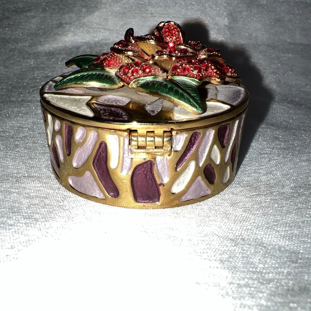 Vintage Floral Enamel Metal Hinged Trinket Box Jeweled Crystals Floral 2.5